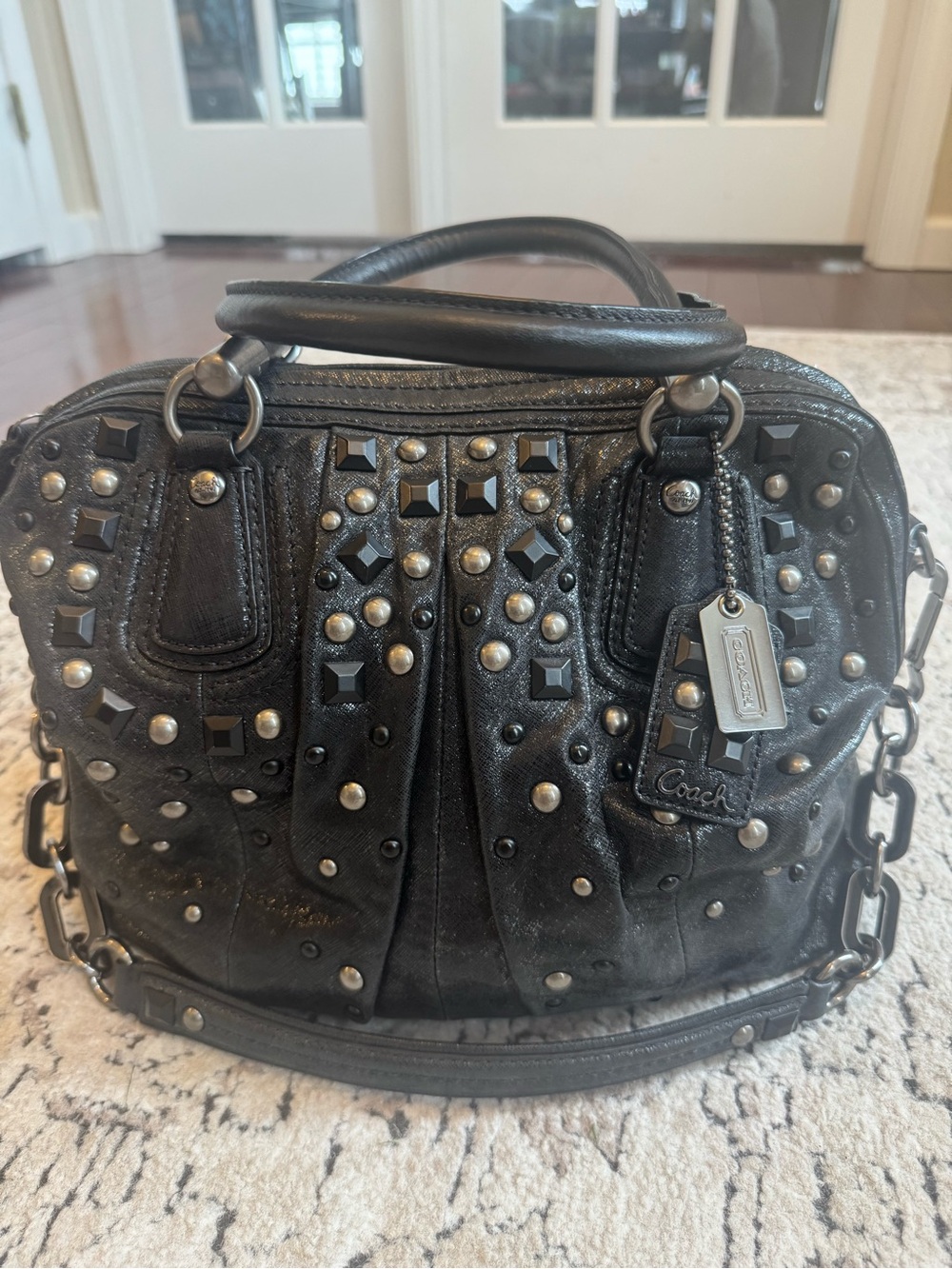 Coach Black Studded Leather Satchel with Chain Strap